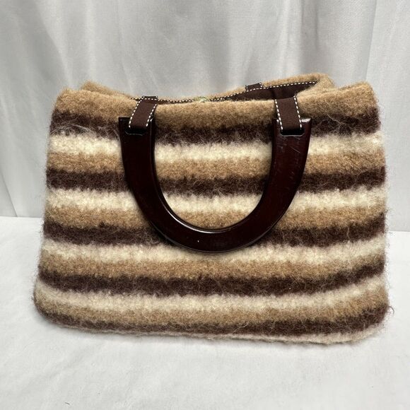 Artisan Wool Handbag Purse Removable Flowers pins Wooden handle Cottage artsy - Picture 4 of 16